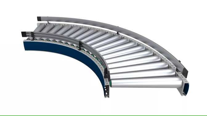 نقاله قوس گرانشی 90 درجه بخشی از نوار نقاله است که برای تغییر جهت حرکت اجسام در مسیر حمل طراحی شده است. این بخش میتواند بهصورت افقی یا زاویهدار نصب شود. در حالت زاویهدار، اجسام با کمک نیروی گرانش حرکت کرده و سرعت آنها با توجه به درجه شیب افزایش مییابد. ساختار این واحد معمولاً شامل یک قاب فولادی خمشده با زاویه 90 درجه است که بر روی آن شش غلتک مخروطیشکل نصب میشوند. این غلتکها به گونهای طراحی شدهاند که حرکت اجسام را در مسیر منحنی، یکنواخت و پایدار نگه دارند. در برخی مدلها، اجزای ترکیبی یا مخلوطها (Mixers/Joiners) نیز برای اتصال به نوارهای دیگر یا کنترل بهتر حرکت کالاها لحاظ شدهاند.